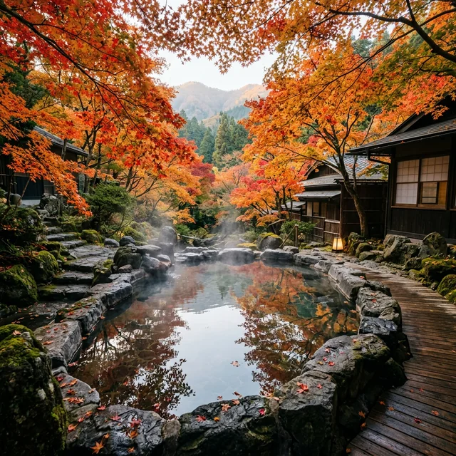 Autumn red maple leaves (momiji) surrounding the outdoor onsen
