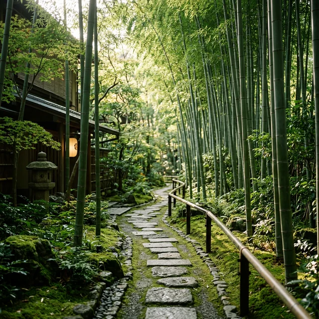 Bamboo forest path in mist