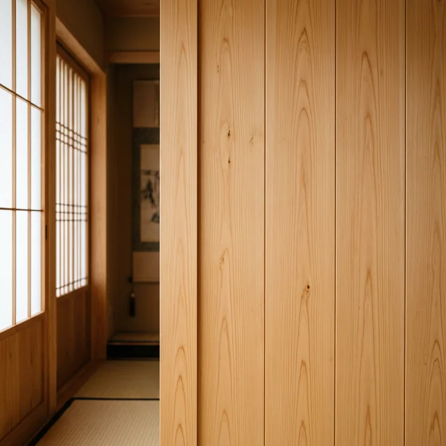 Hinoki cedar panels in afternoon light