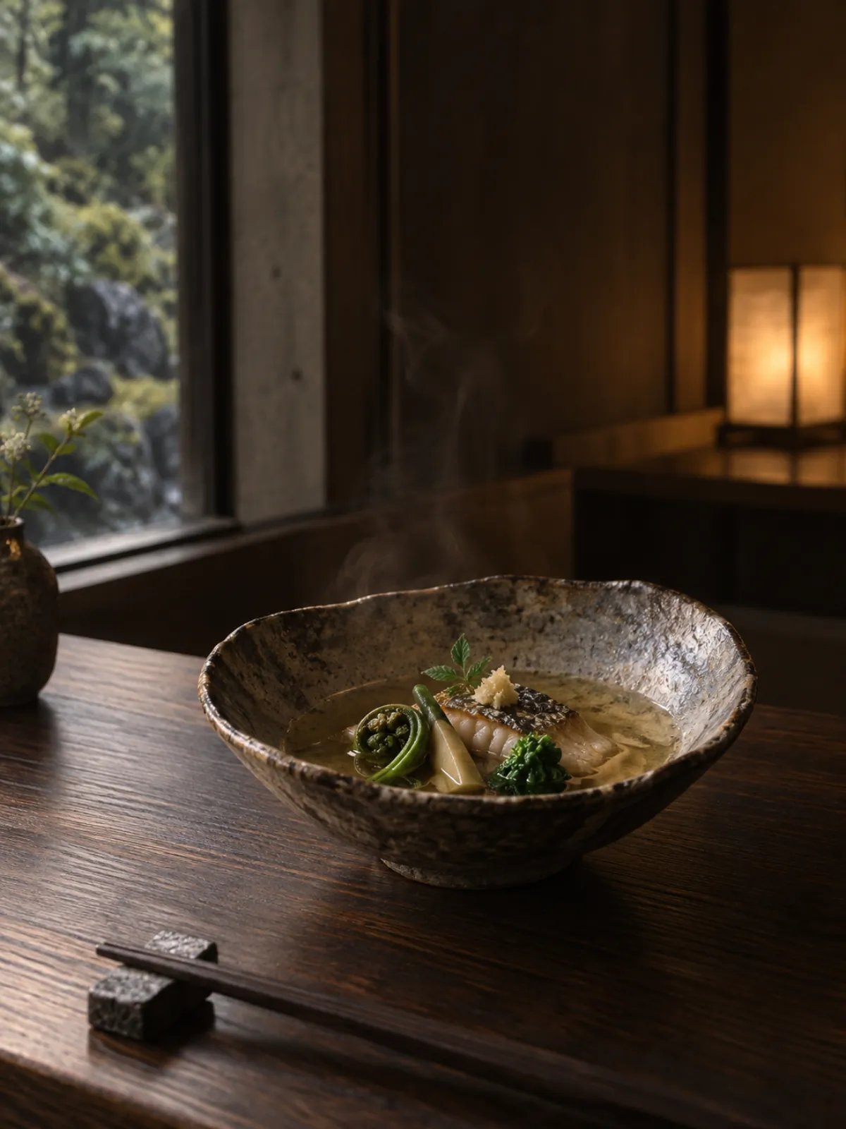 A single simmered kaiseki course in a hand-formed Odawara ceramic bowl