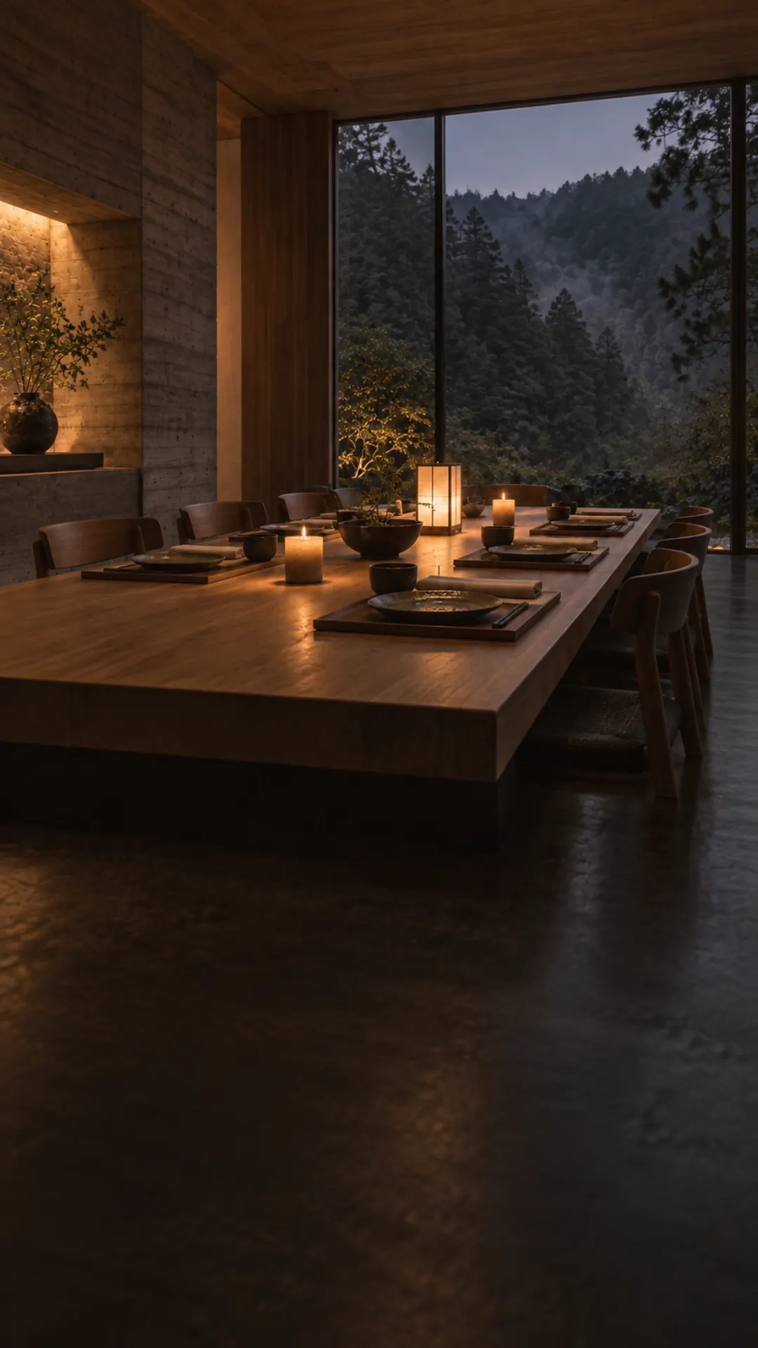 The dining room at six in the evening, a hinoki table set for six by candlelight facing the dusk forest