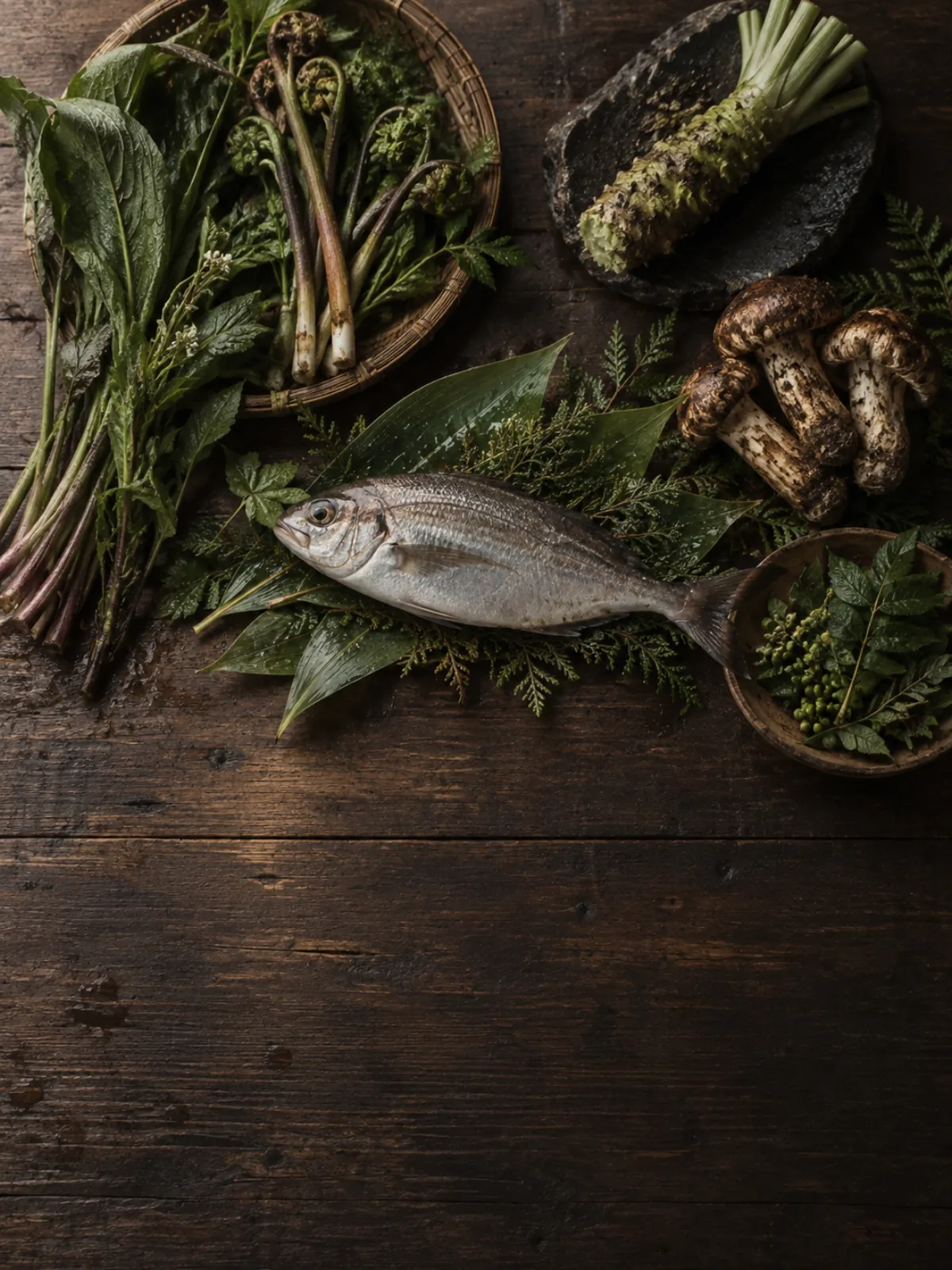 The morning's foraged harvest laid out on an aged cedar plank