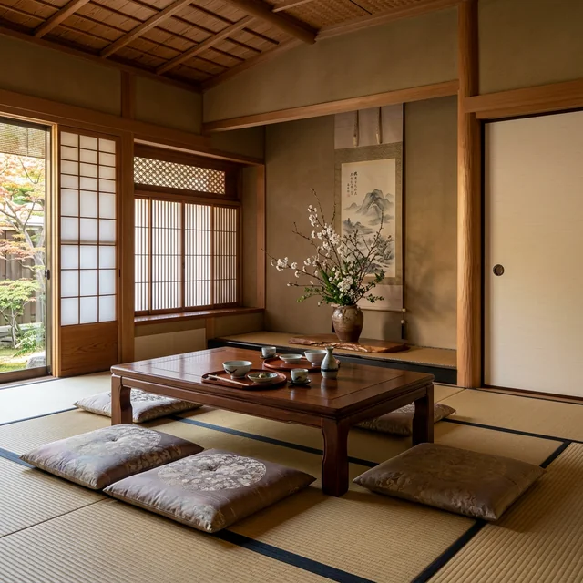 Traditional washitsu dining room with tatami and warm evening light