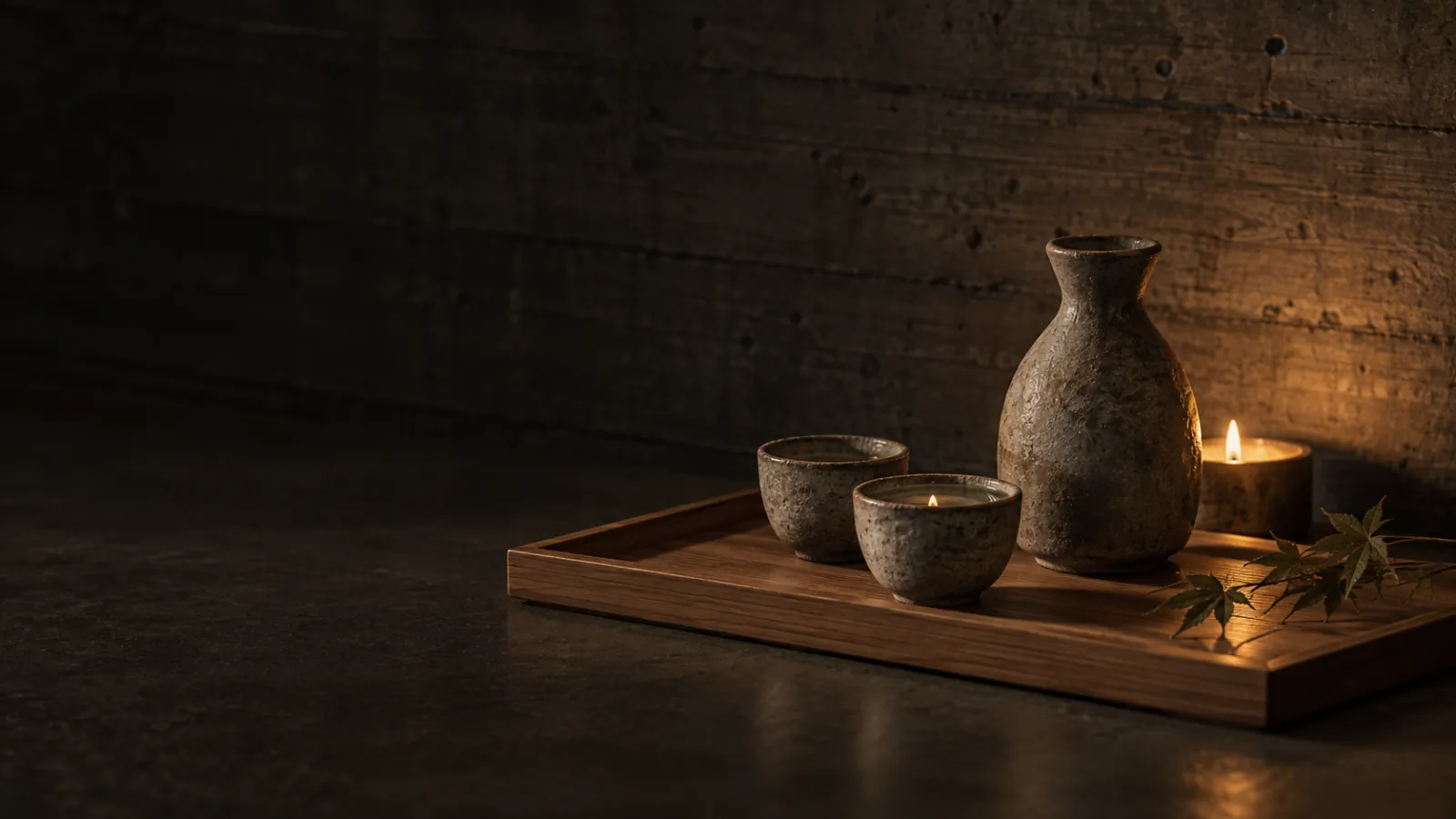A ceramic sake flask and two cups on a cedar tray by candlelight