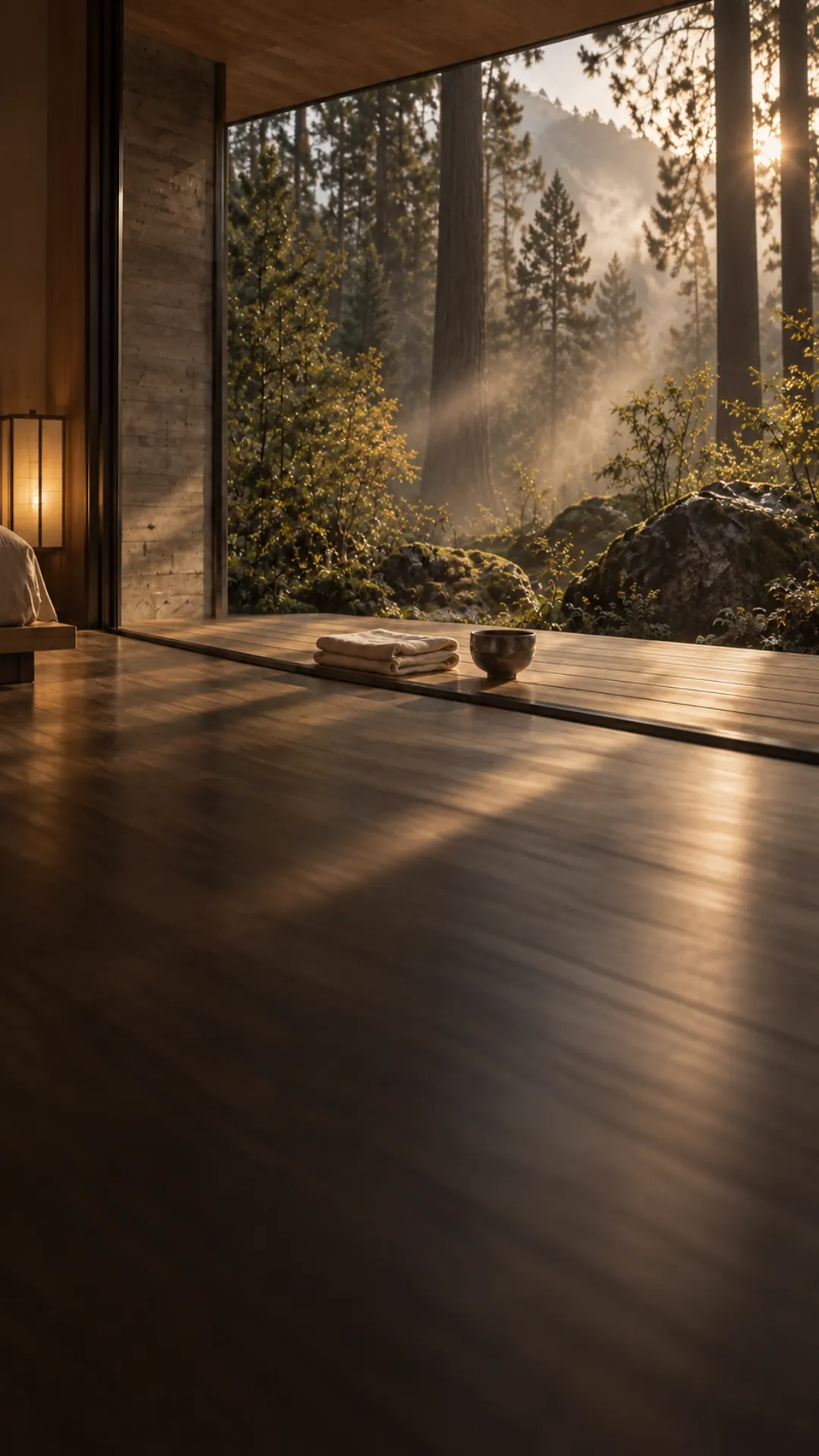 An empty cedar veranda at sunrise with a folded towel and tea bowl facing a misty moss garden