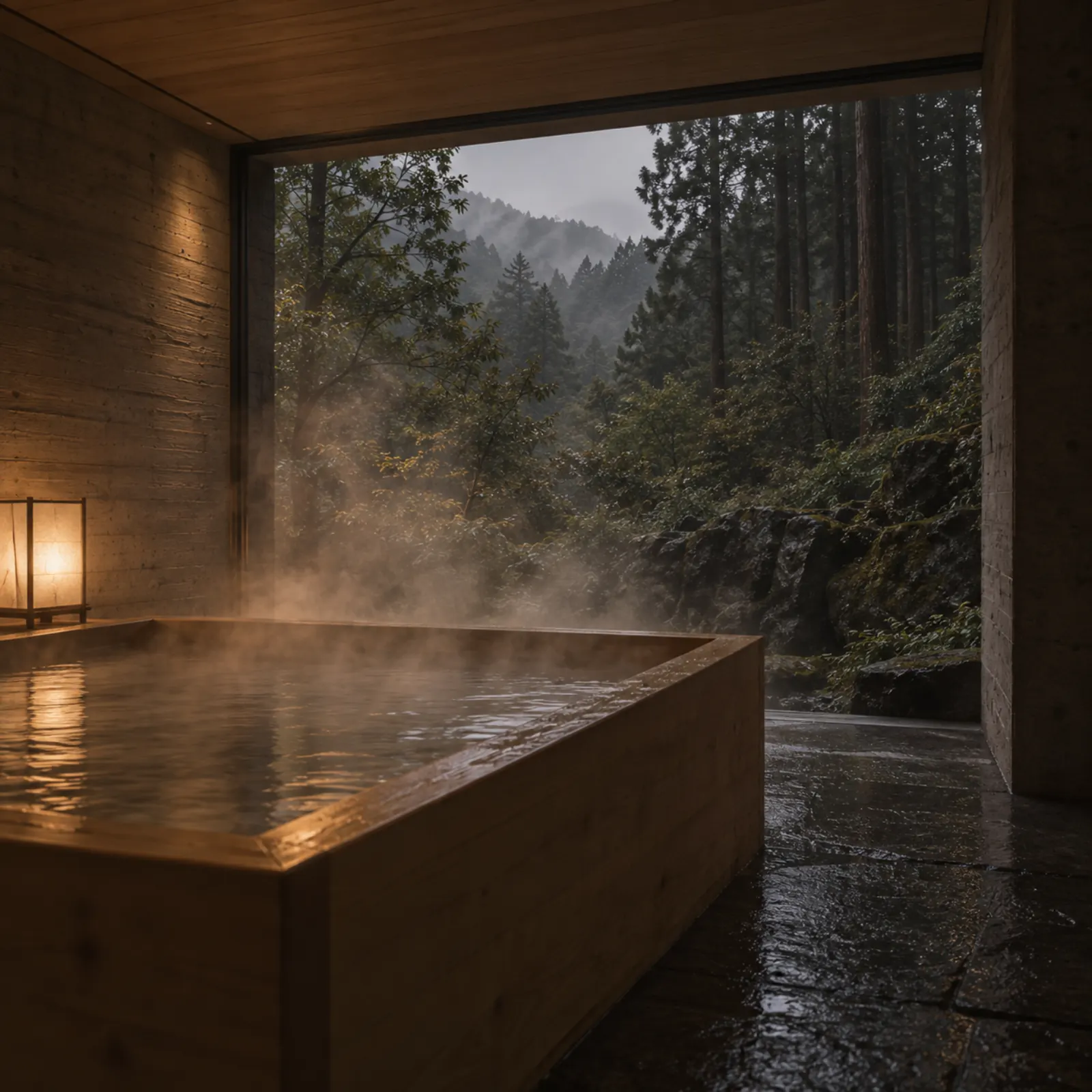 A hinoki bath in a concrete room open to the cedar forest, steam rolling out into the cold evening air