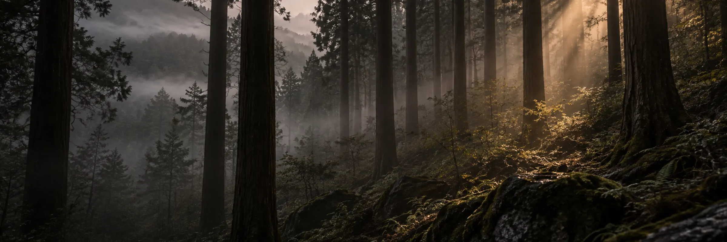 Morning mist layered between cedar trunks on the slope above MORI