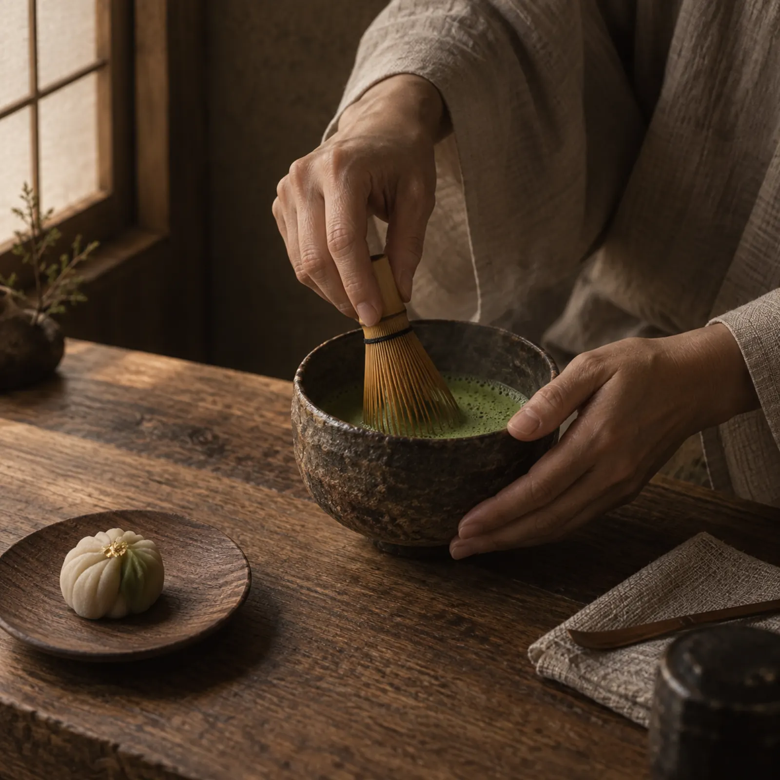 A tea master's hands whisking matcha in a hand-formed bowl in a cedar and plaster tearoom