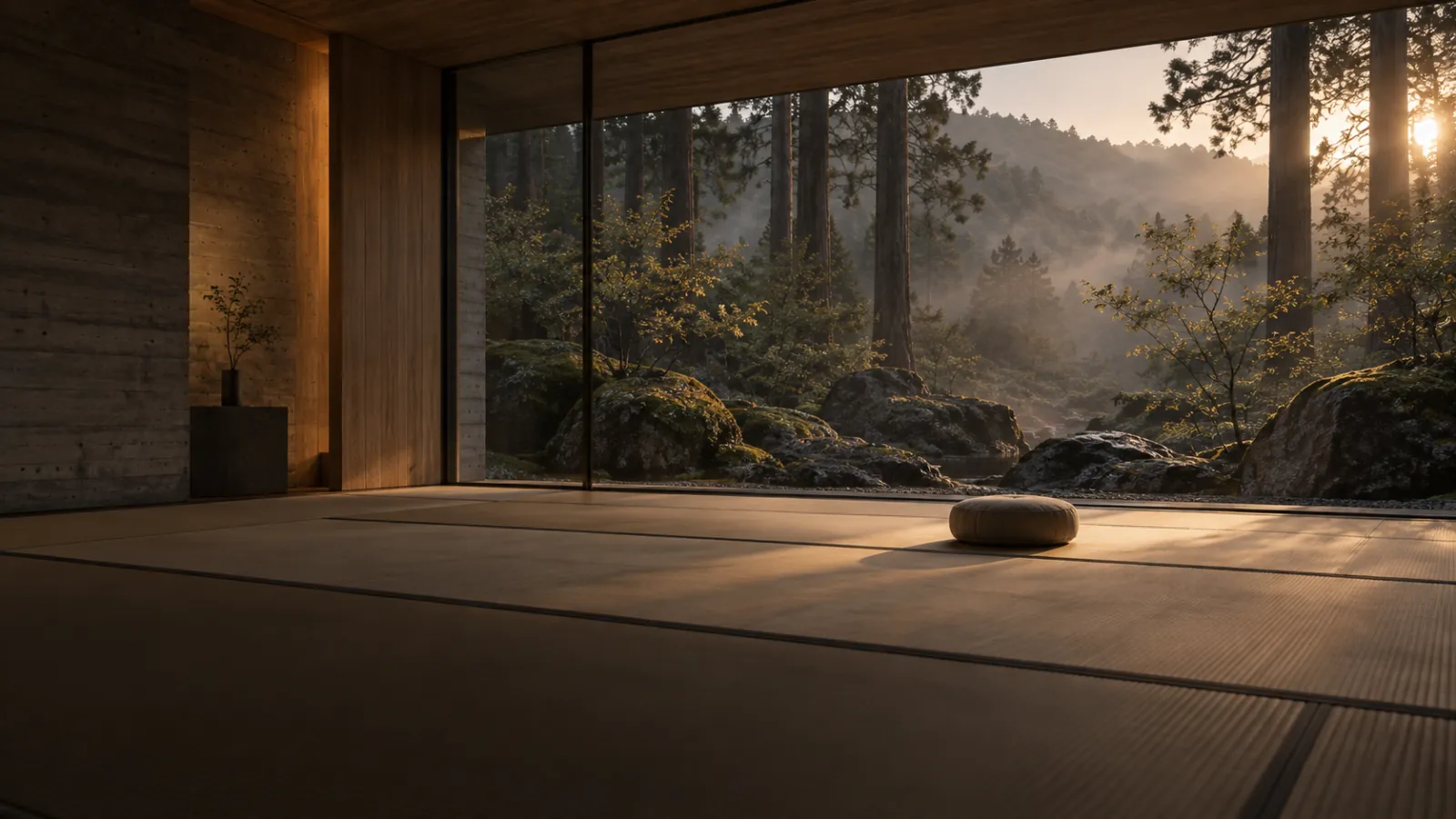 A single meditation cushion on tatami facing a glass wall onto a misty moss garden at sunrise