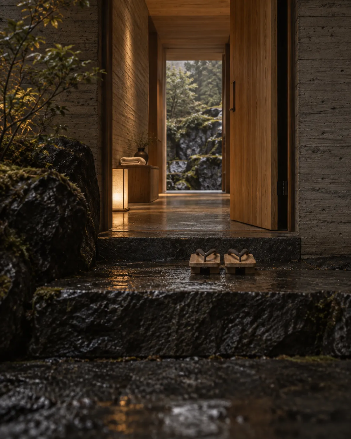 Wooden geta sandals set out on a basalt step at the open cedar door of the entrance