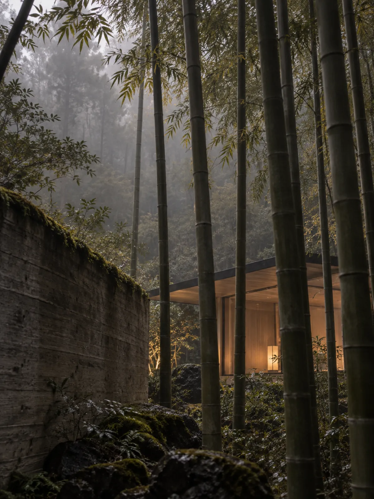 Tall bamboo culms in thin morning mist beside a moss-covered concrete garden wall