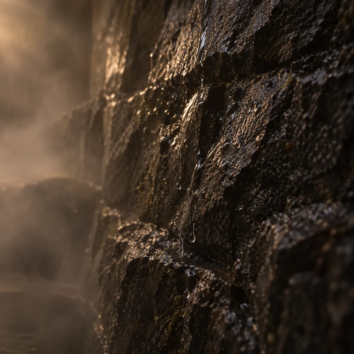 Beads of condensation on a wet basalt wall in the bathhouse