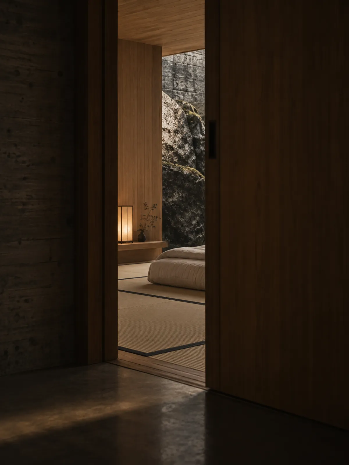 A cedar sliding door half open onto tatami, a folded futon and a basalt wall