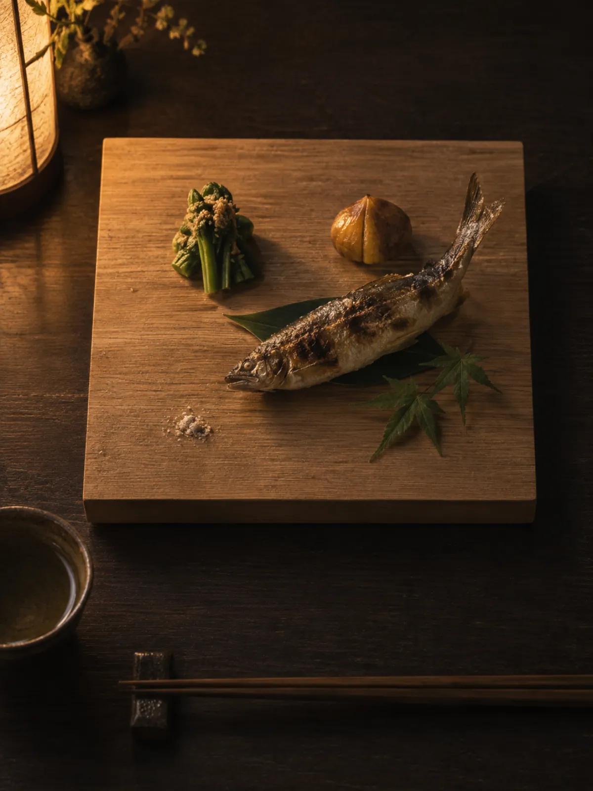 Hassun, the kaiseki landscape platter, arranged on a cedar board by evening light