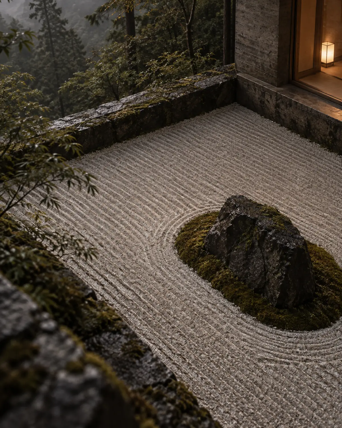 Raked pale gravel flowing around a single basalt stone on a quarry terrace