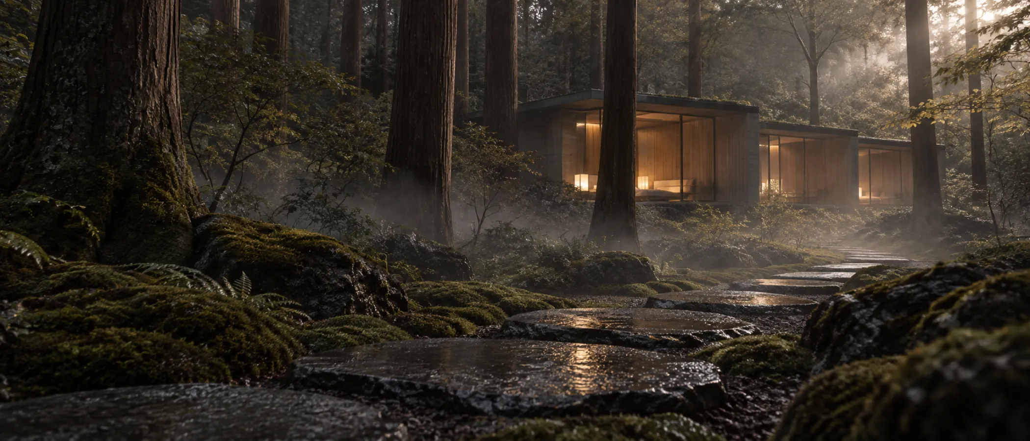 Split basalt stepping stones through thick moss between cedar trunks in dawn mist