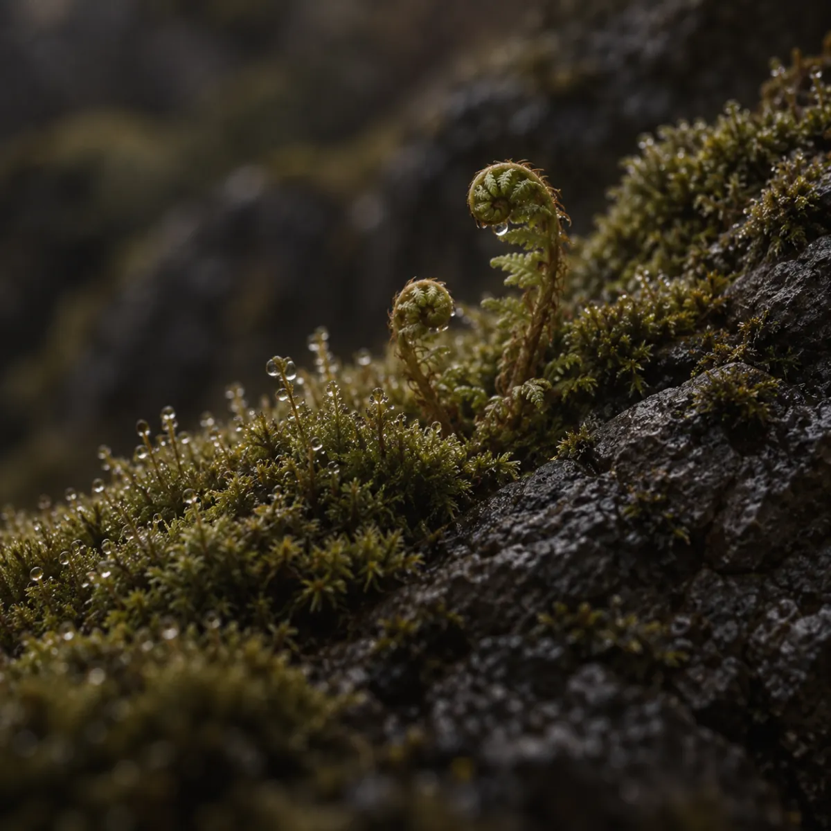 Cushion moss and young ferns growing over volcanic rock, beaded with dew