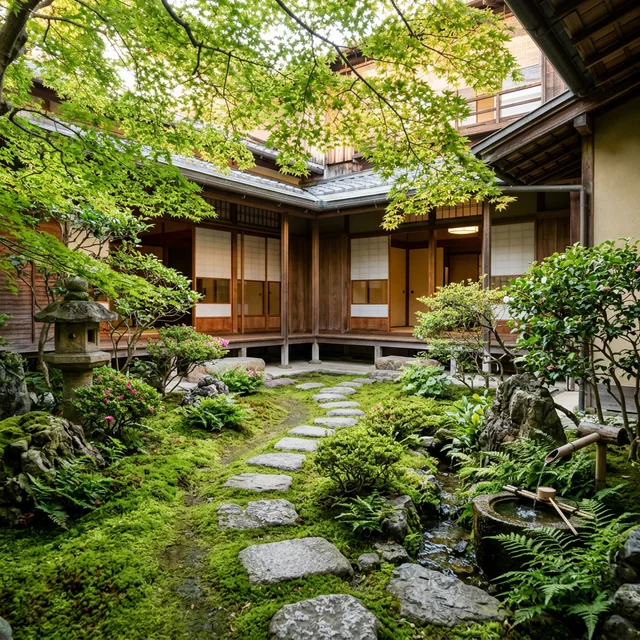 Moss growing on volcanic rock in the garden