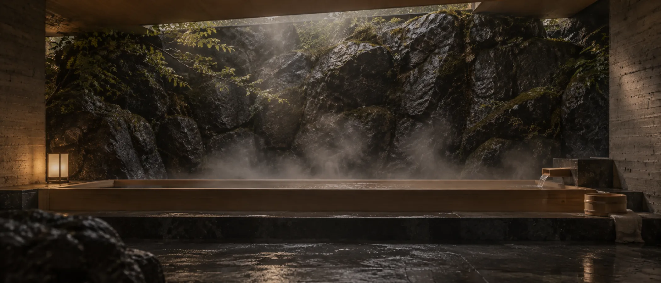 A long hinoki bath running along a wall of raw quarry rock and moss, with steam in soft daylight