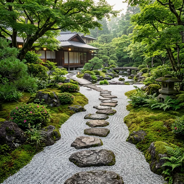 Stone path through moss garden at dawn