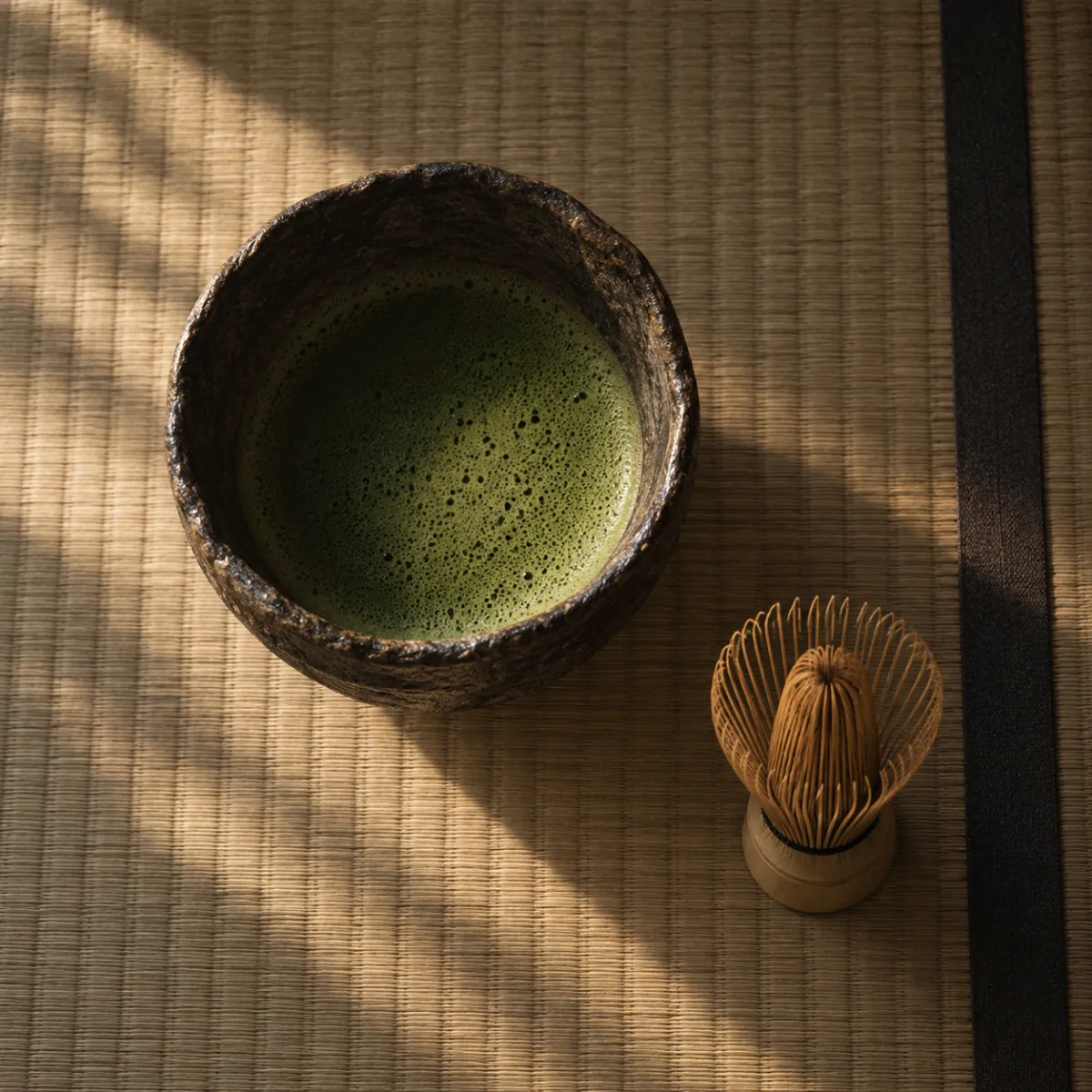 Overhead view of whisked matcha in a hand-formed bowl with its bamboo whisk resting beside it
