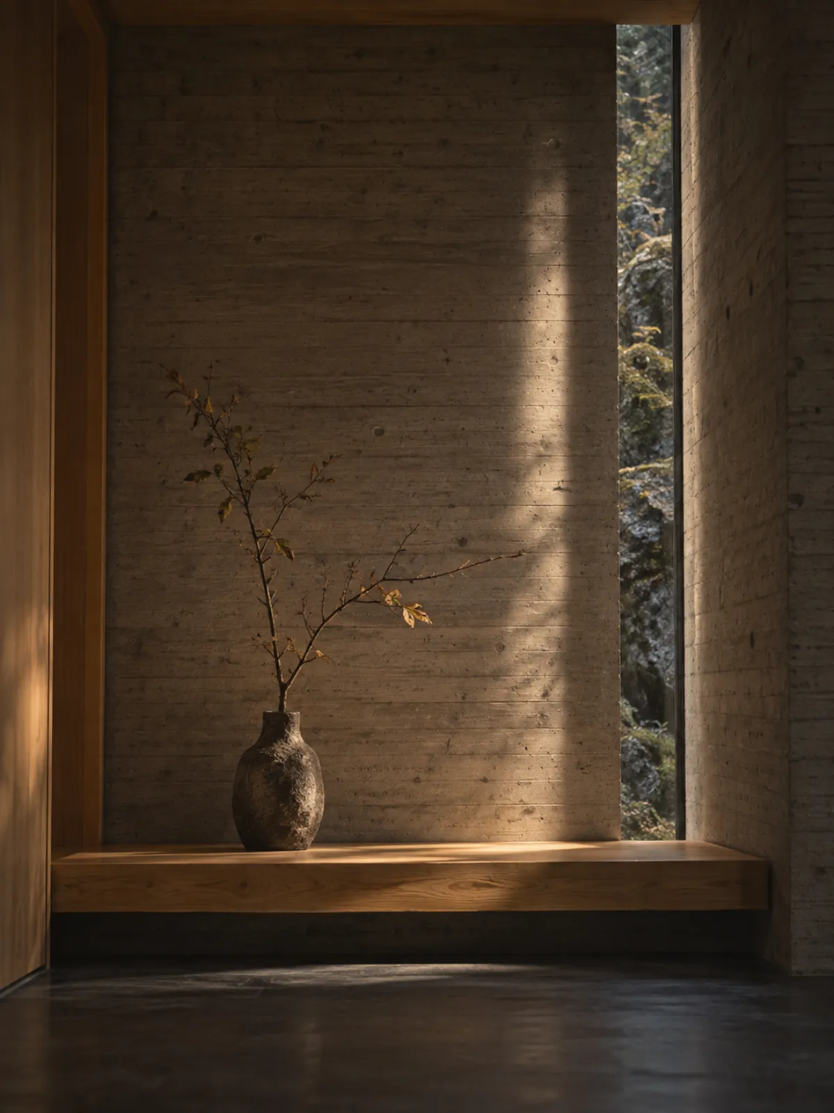 A single seasonal branch in a hand-formed vase in a concrete alcove lit by a slot of daylight