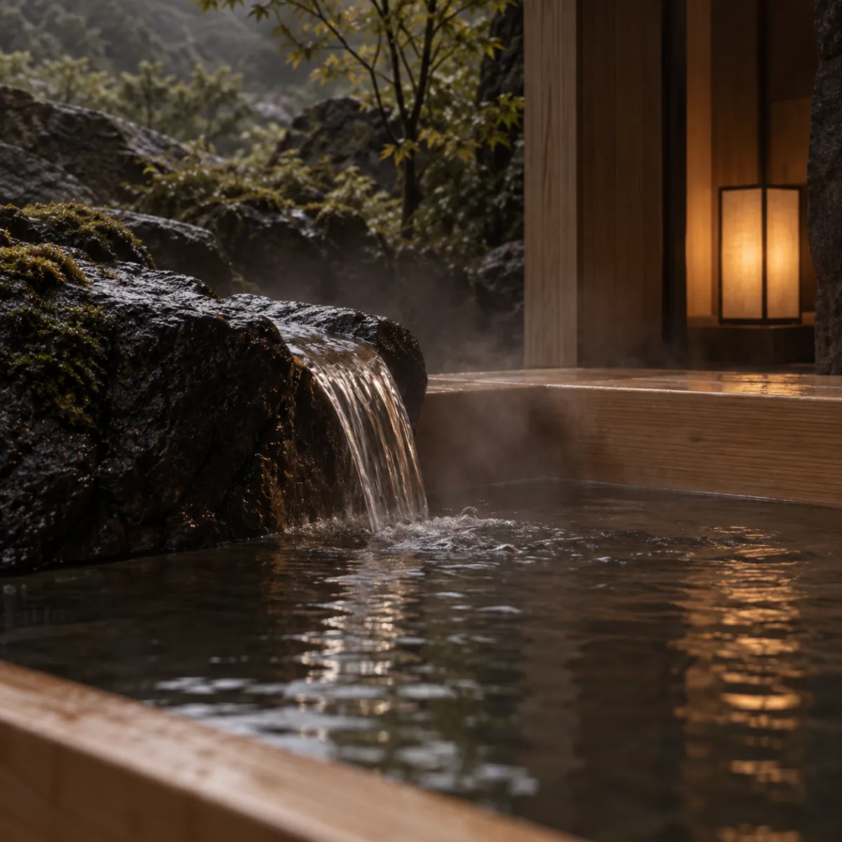 Spring water spilling in a glassy sheet over a basalt lip into a hinoki basin