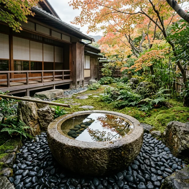 Water flowing over stone into the onsen basin