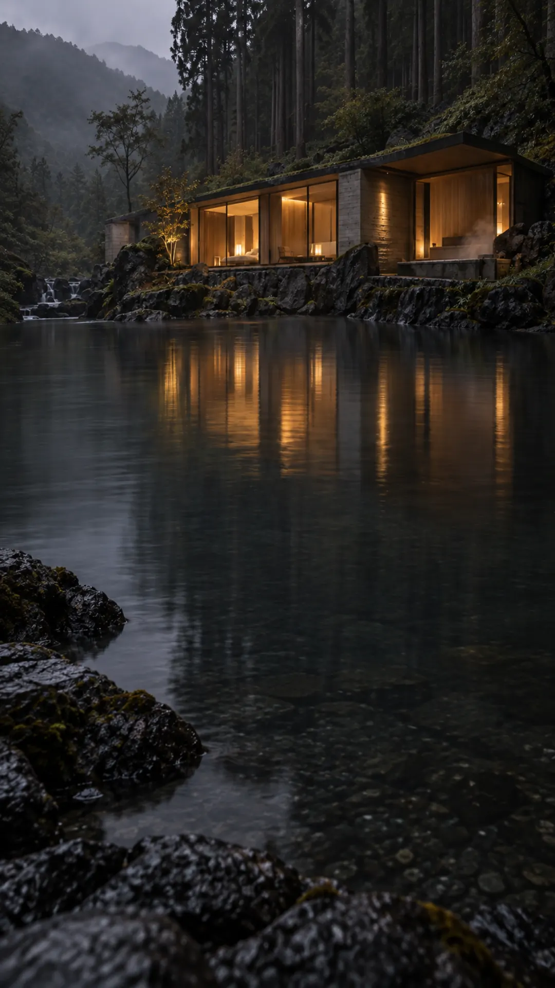 MORI at blue hour, a low cedar and basalt building glowing across still water in a misty cedar forest