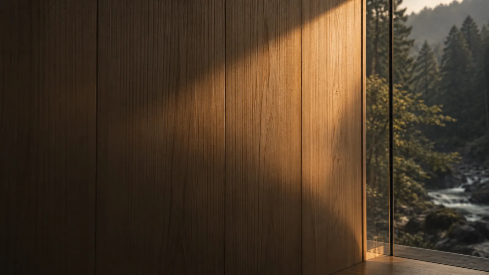 Hinoki cypress grain in low afternoon sun beside a glass corner framing the river