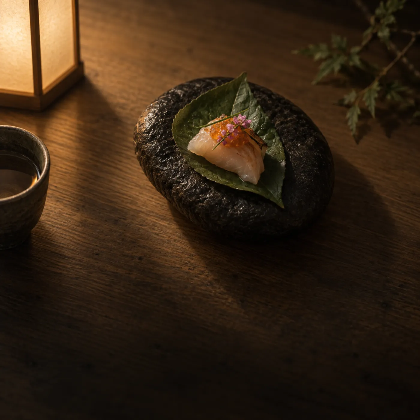 The opening kaiseki bite served on a river stone on a hinoki table by candlelight