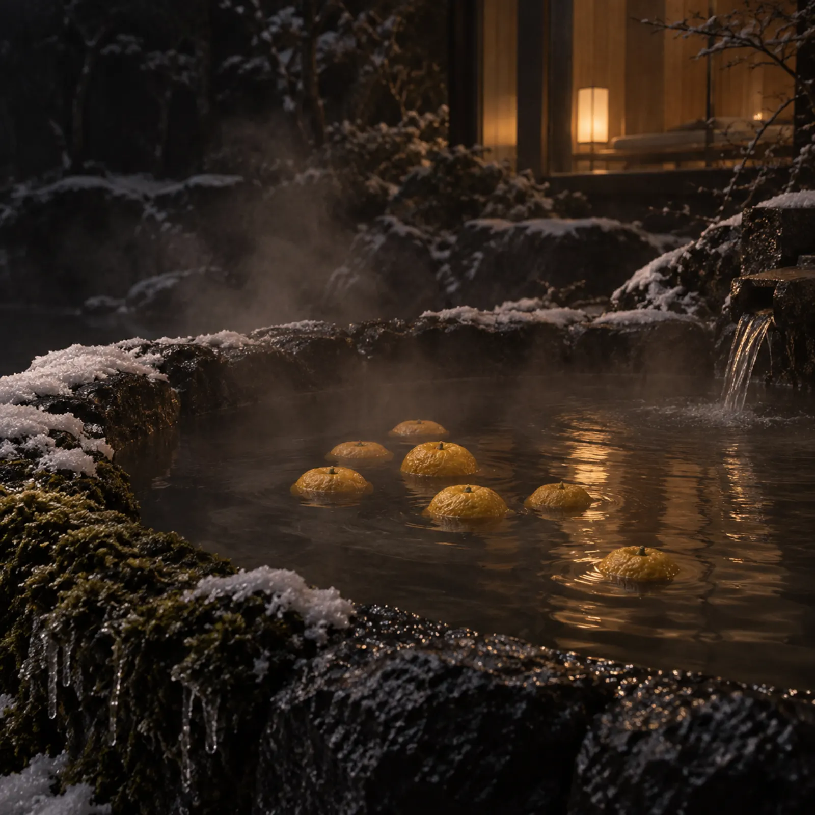 Yuzu floating in a steaming basalt bath with snow on the stone rim at night