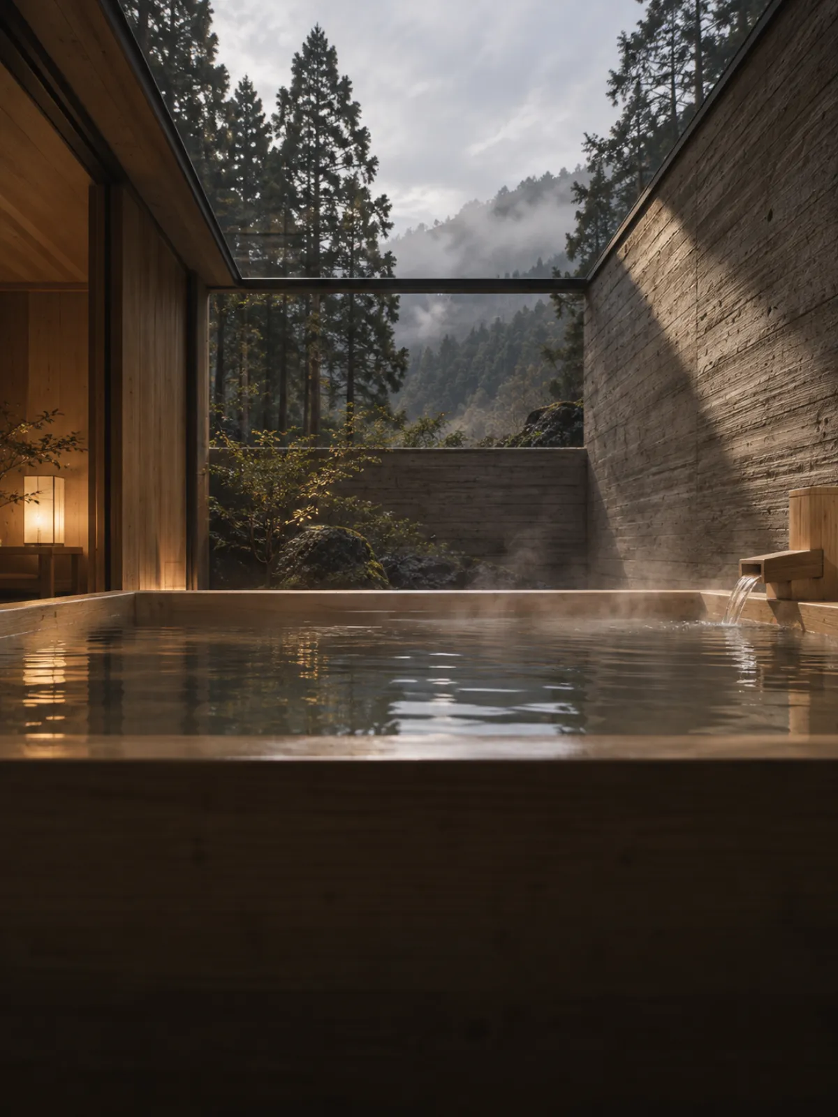 A private hinoki bath under a glass roof open to pale sky and the tips of cedars