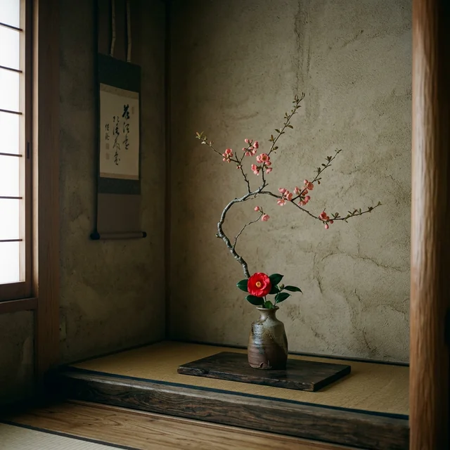 Minimalist ikebana flower arrangement in the tokonoma alcove