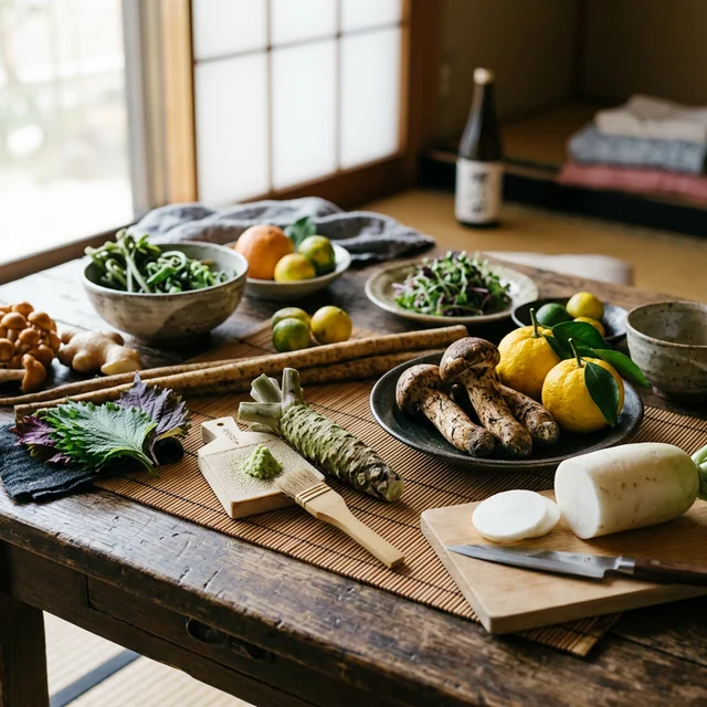 Freshly foraged seasonal ingredients laid on aged cedar planks