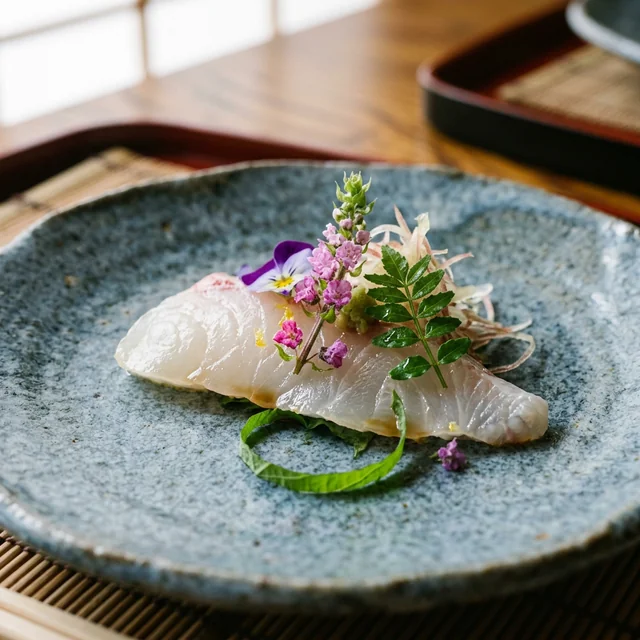 A single kaiseki course — tender mountain vegetable on hand-painted ceramic