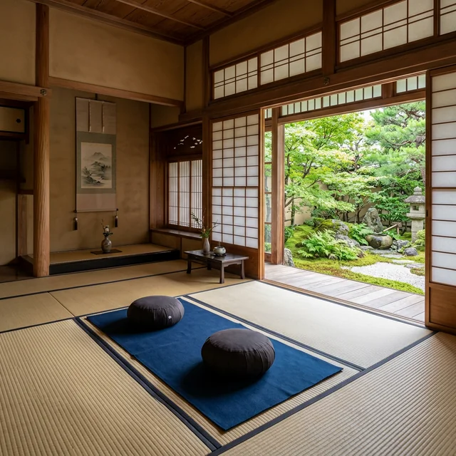 Empty zazen meditation hall with tatami and a view of the moss garden at dawn