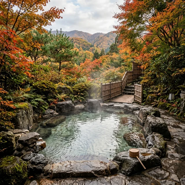Outdoor onsen surrounded by forest
