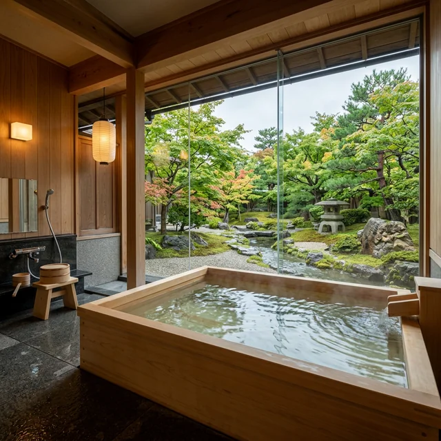 Intimate indoor hinoki cypress onsen