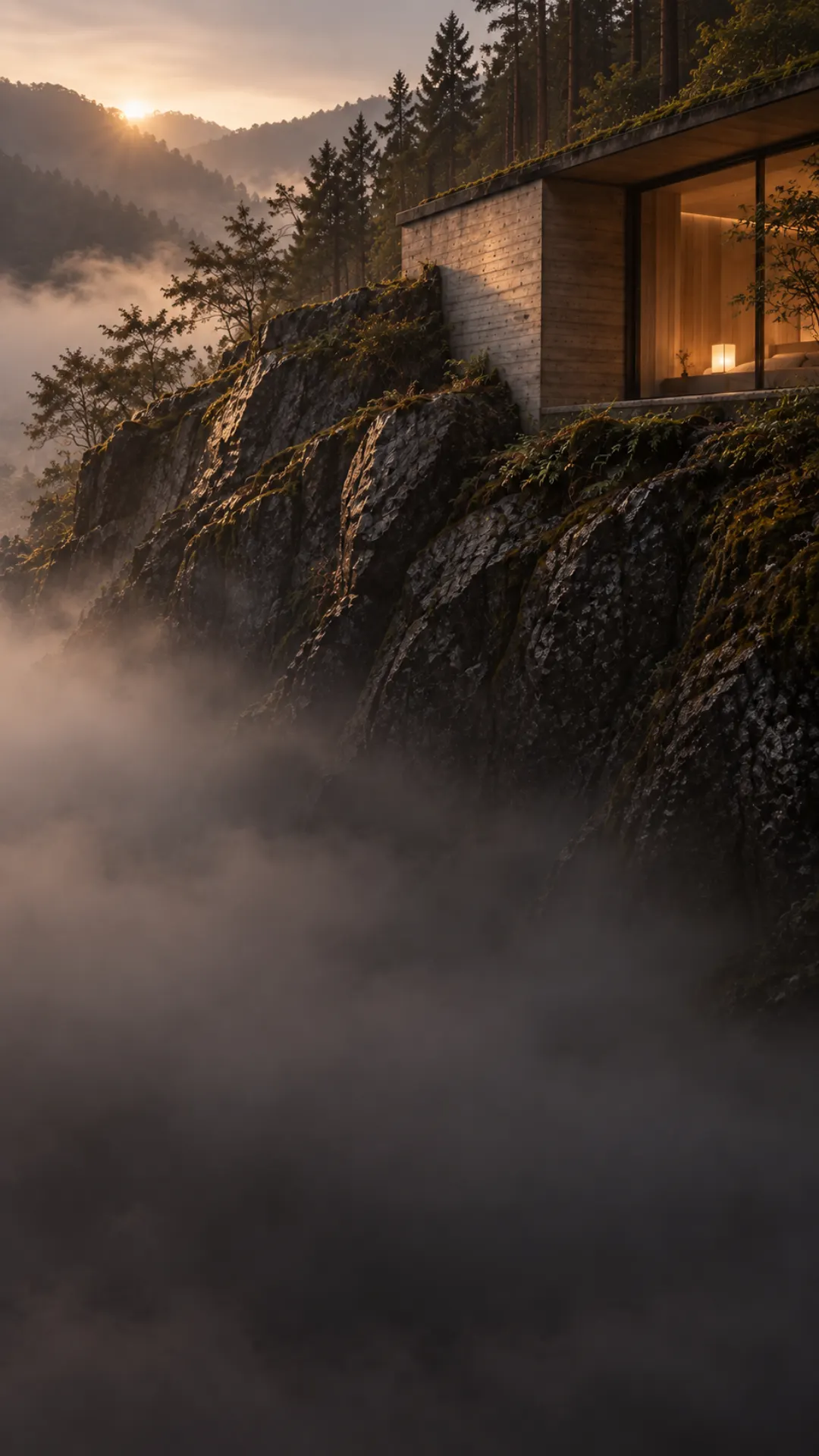 Dawn light raking across a basalt quarry face where the building's concrete wall meets the rock