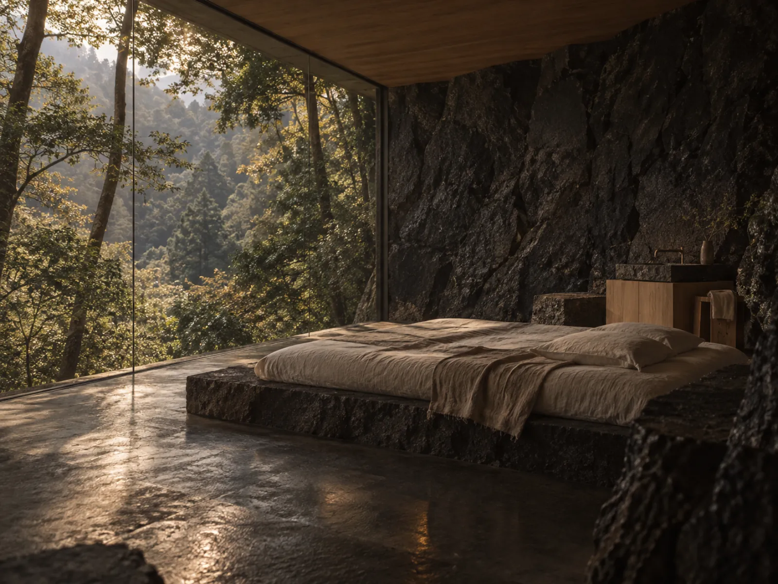 Iwa: three walls of raw basalt and one glass wall facing the forest canopy