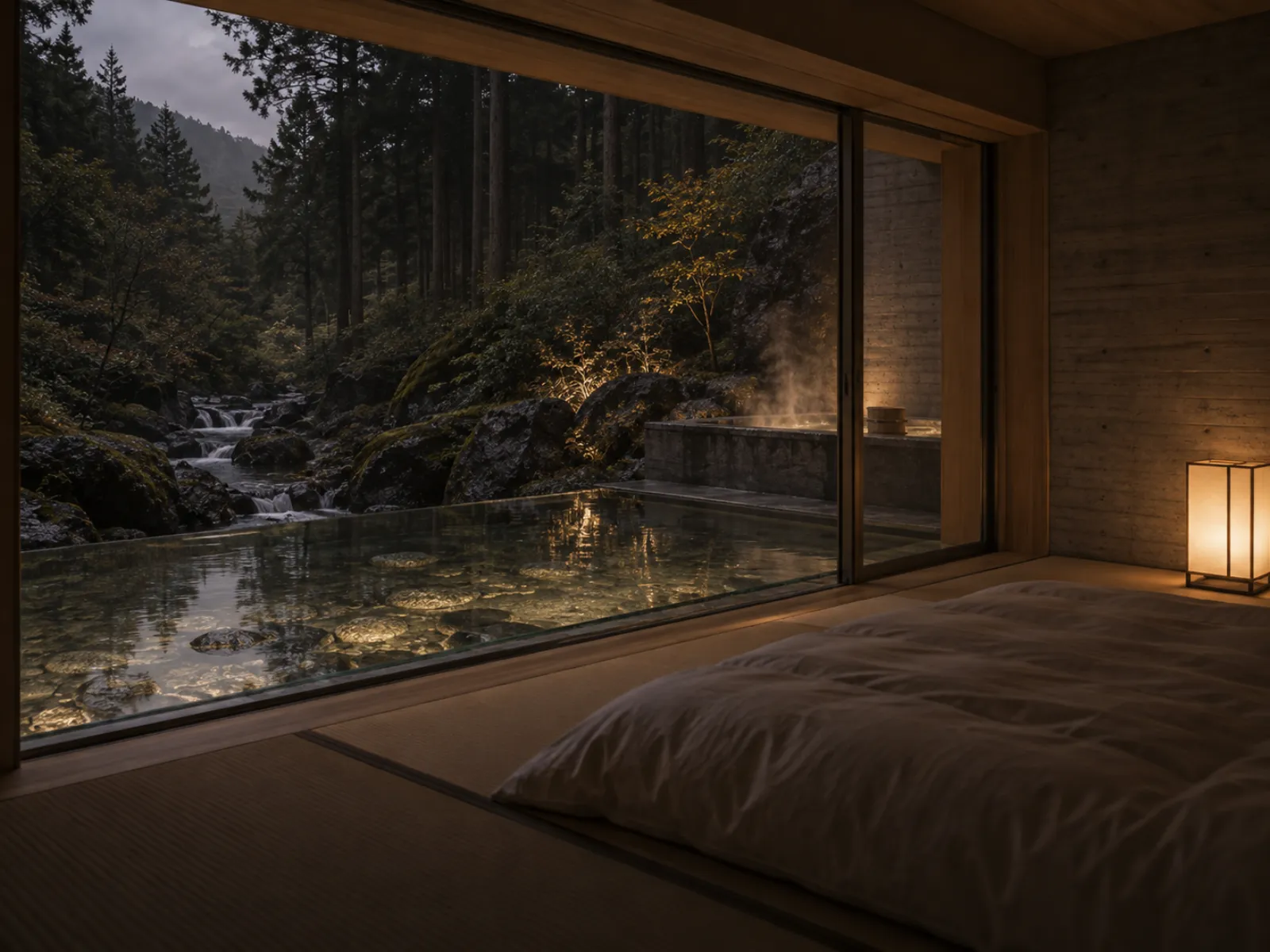 Kawa at dusk: tatami, a glass-floored veranda over a mountain stream, and a steaming outdoor bath