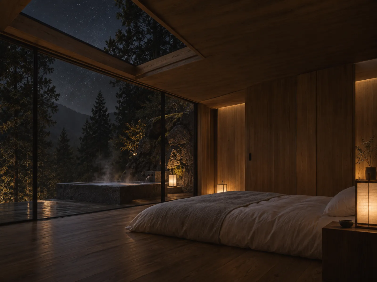 Sora at night, its ceiling slid open to the stars above the cedar treeline