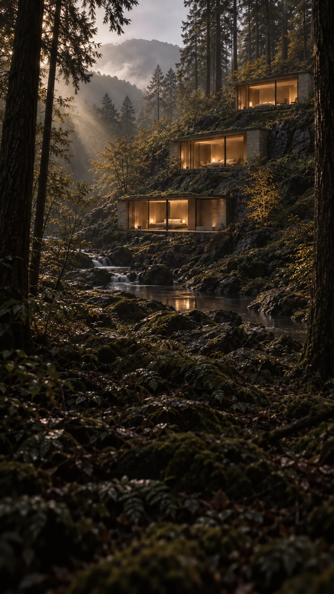 MORI's three rooms stepping down a cedar slope in late-afternoon light