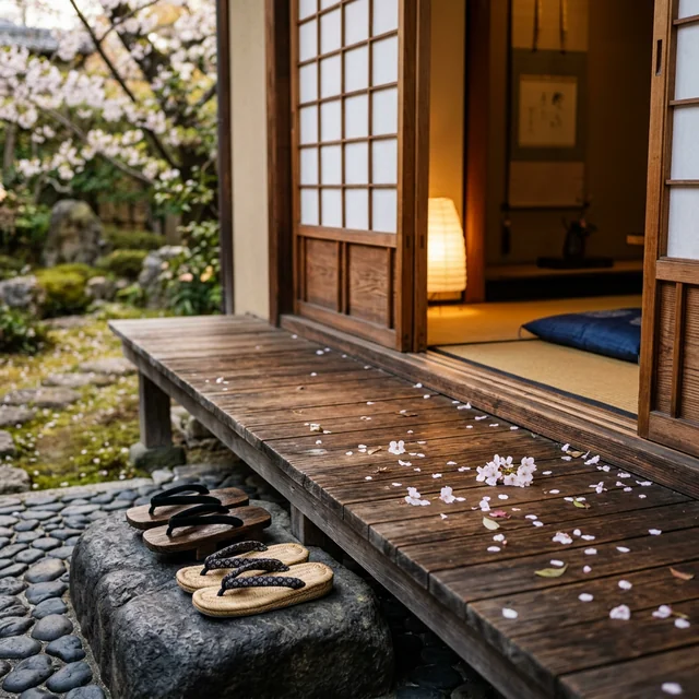 Traditional wooden sandals arranged on the engawa entrance steps