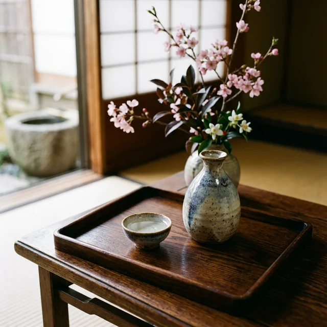 Premium sake vessels arranged on a hand-crafted cedar tray