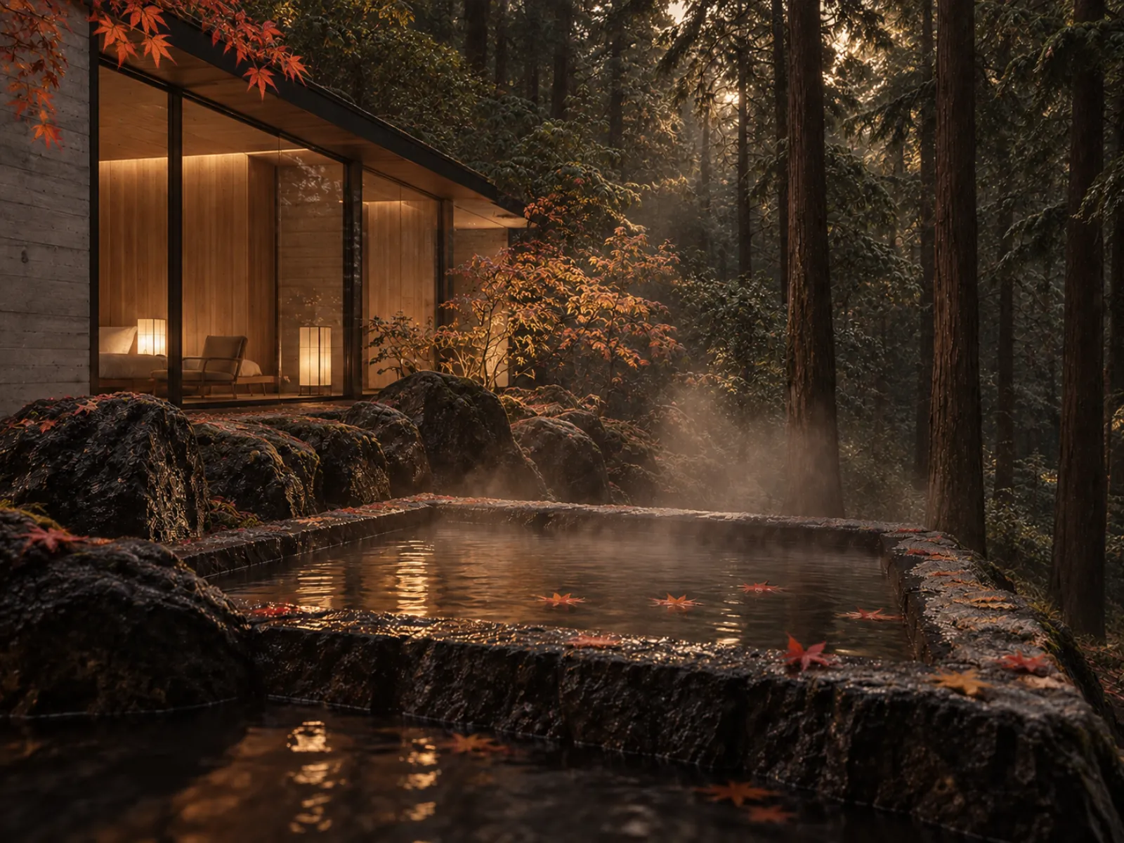 The same bath in autumn with maple leaves floating on the water