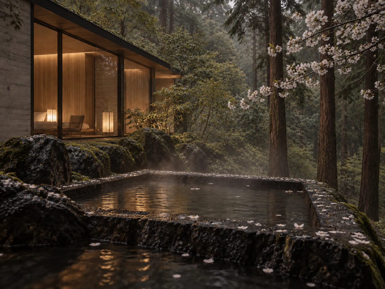 The outdoor bath in spring with pale mountain cherry petals floating on the water