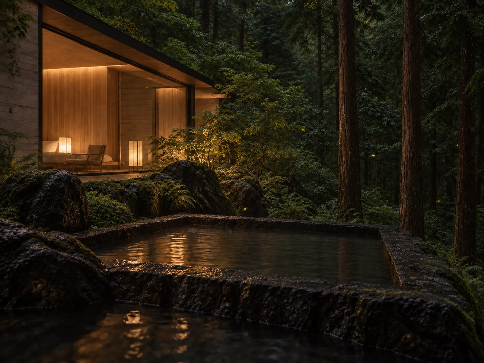 The same bath on a summer night with fireflies drifting over ferns and dark water