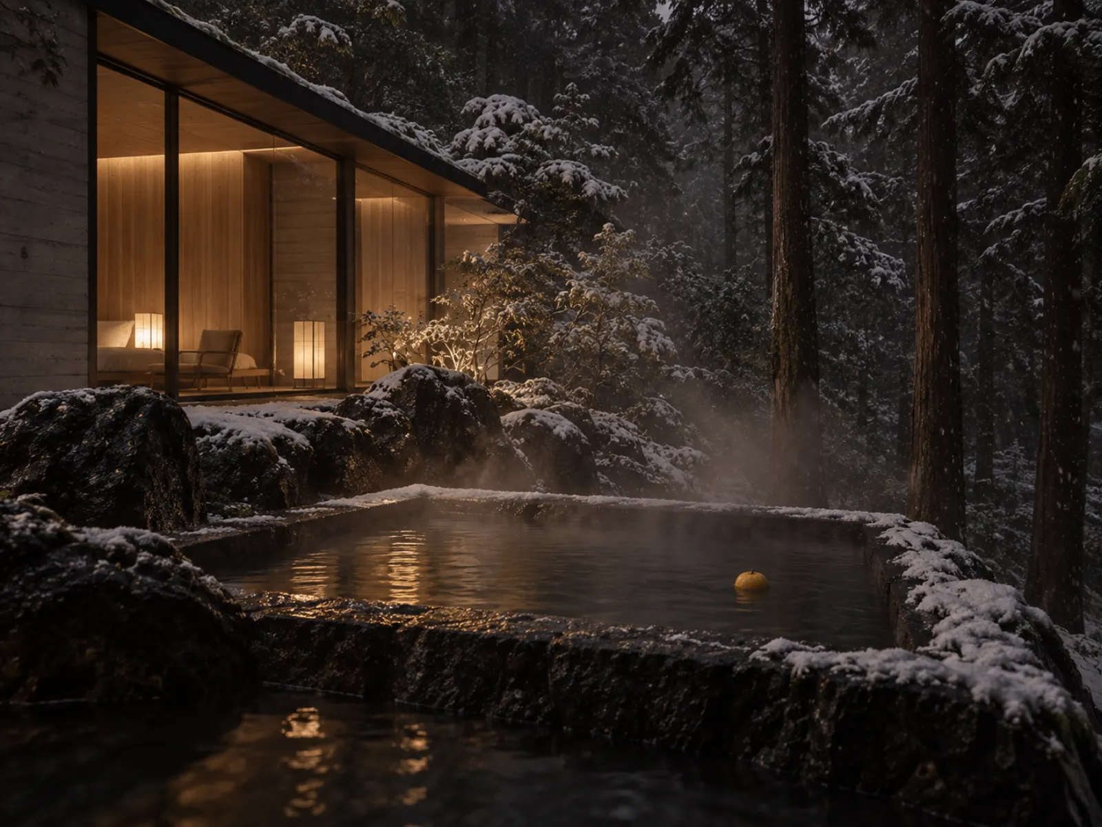 The same bath in winter, steam rising into falling snow at night